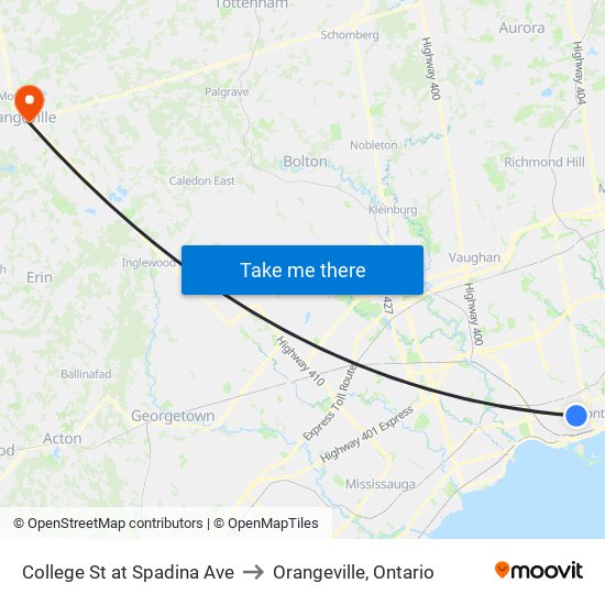 College St at Spadina Ave to Orangeville, Ontario map