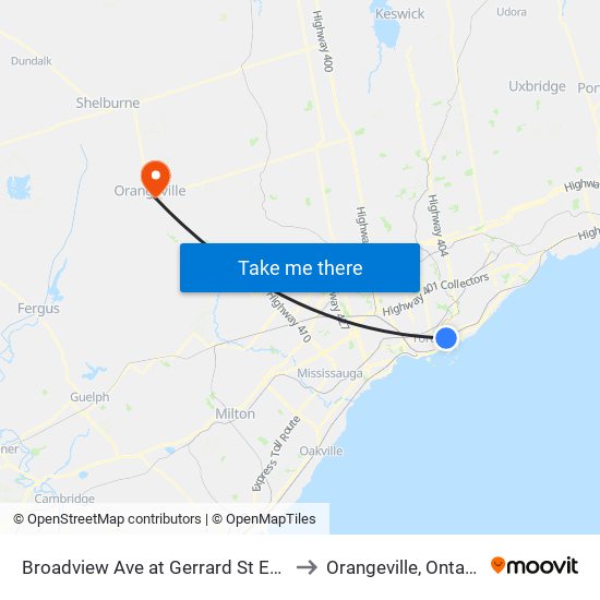 Broadview Ave at Gerrard St East to Orangeville, Ontario map