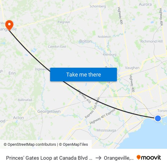 Princes' Gates Loop at Canada Blvd - Cne East Entrance to Orangeville, Ontario map