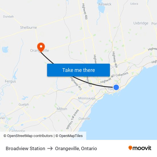 Broadview Station to Orangeville, Ontario map