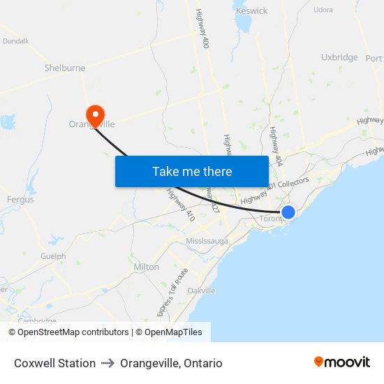 Coxwell Station to Orangeville, Ontario map