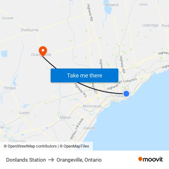 Donlands Station to Orangeville, Ontario map