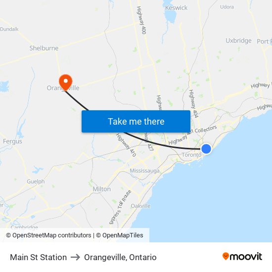 Main St Station to Orangeville, Ontario map