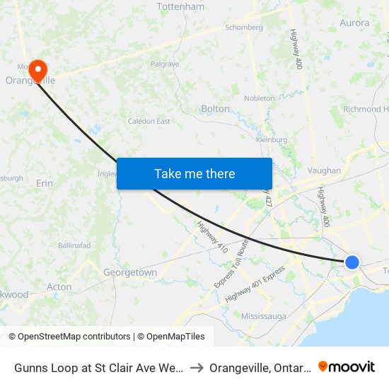 Gunns Loop at St Clair Ave West to Orangeville, Ontario map