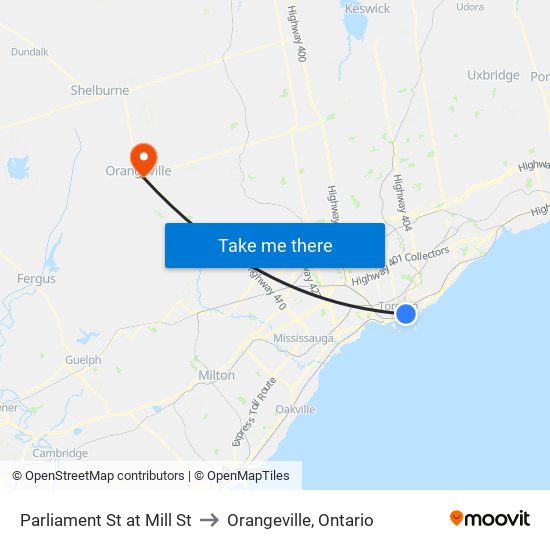 Parliament St at Mill St to Orangeville, Ontario map