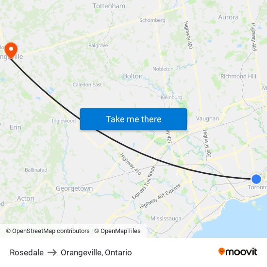 Rosedale to Orangeville, Ontario map