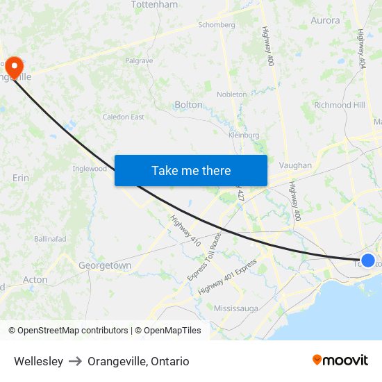 Wellesley to Orangeville, Ontario map