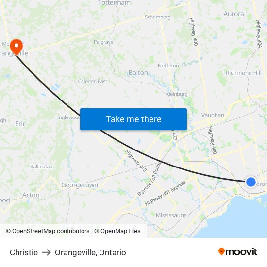 Christie to Orangeville, Ontario map