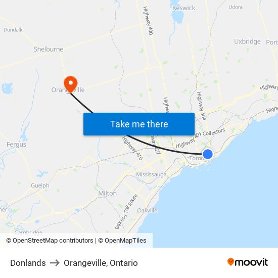 Donlands to Orangeville, Ontario map