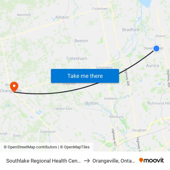 Southlake Regional Health Centre to Orangeville, Ontario map