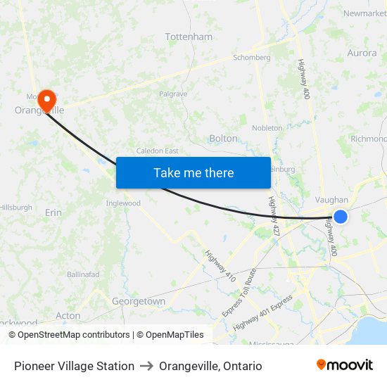 Pioneer Village Station to Orangeville, Ontario map