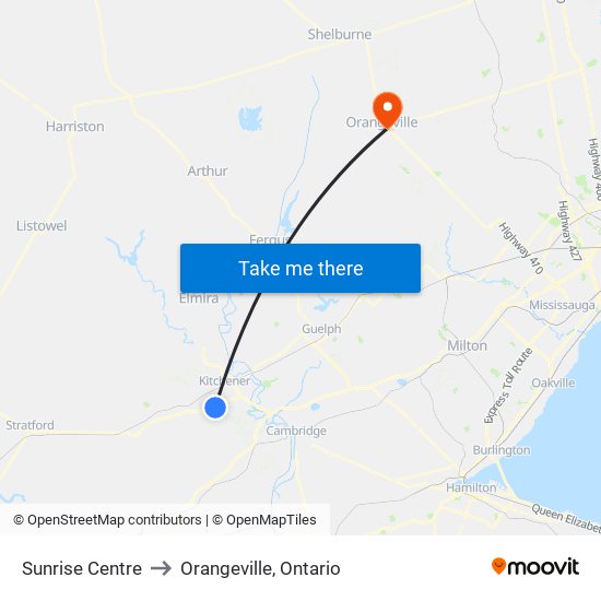 Sunrise Centre to Orangeville, Ontario map