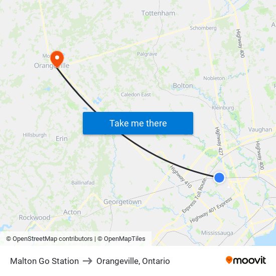 Malton Go Station to Orangeville, Ontario map