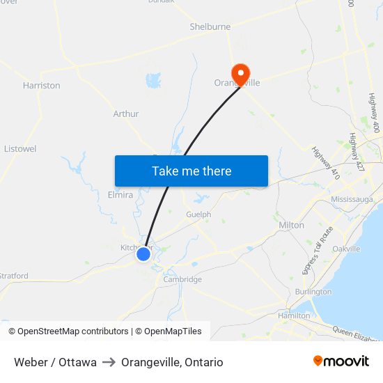 Weber / Ottawa to Orangeville, Ontario map