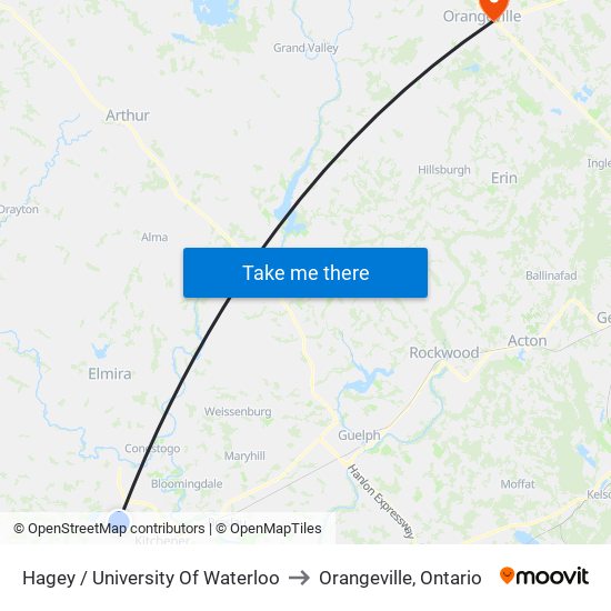 Hagey / University Of Waterloo to Orangeville, Ontario map