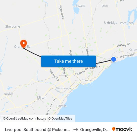 Liverpool Southbound @ Pickering Parkway to Orangeville, Ontario map