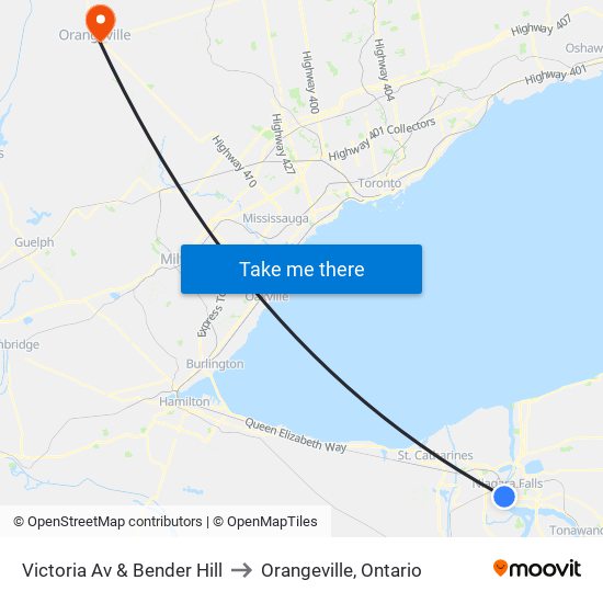 Victoria Av & Bender Hill to Orangeville, Ontario map