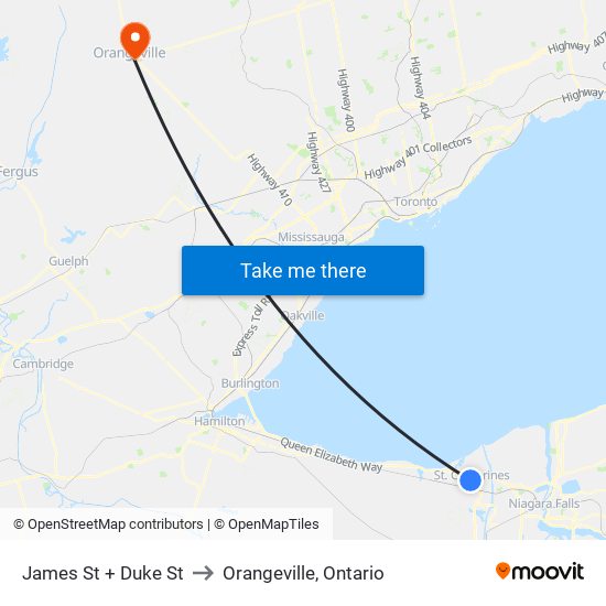 James St + Duke St to Orangeville, Ontario map