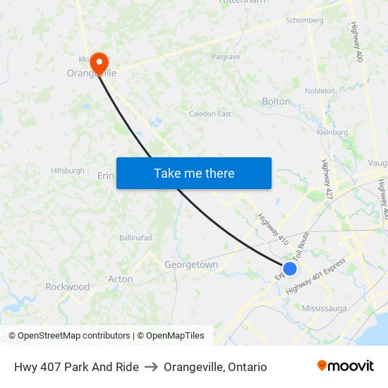 Hwy 407 Park And Ride to Orangeville, Ontario map