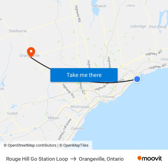 Rouge Hill Go Station Loop to Orangeville, Ontario map