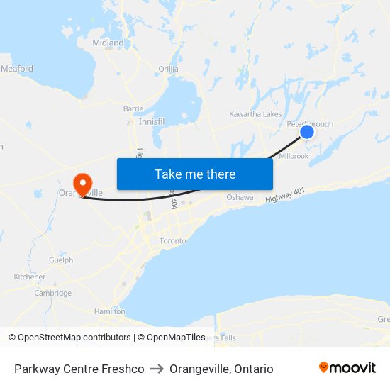 Parkway Centre Freshco to Orangeville, Ontario map