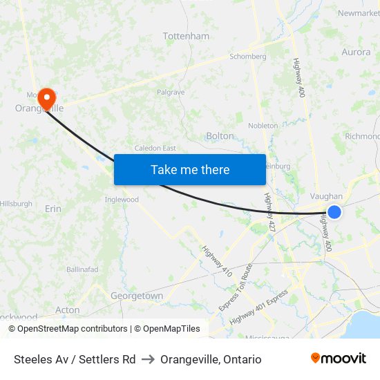 Steeles Av / Settlers Rd to Orangeville, Ontario map