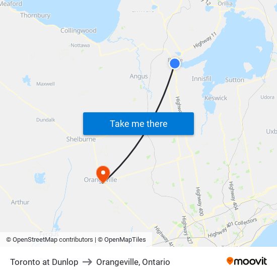 Toronto at Dunlop to Orangeville, Ontario map