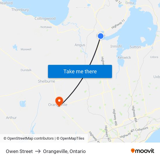 Owen Street to Orangeville, Ontario map