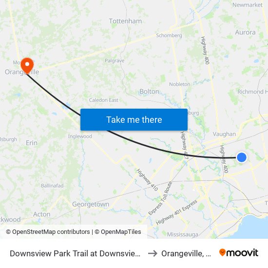 Downsview Park Trail at Downsview Park Station to Orangeville, Ontario map