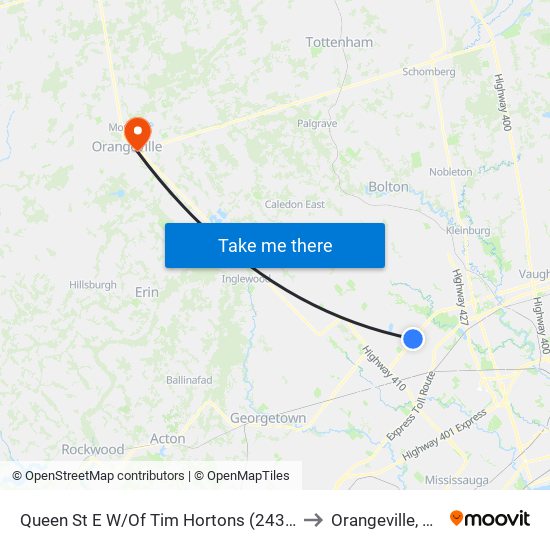 Queen St E W/Of Tim Hortons (2433 Queen St E) to Orangeville, Ontario map