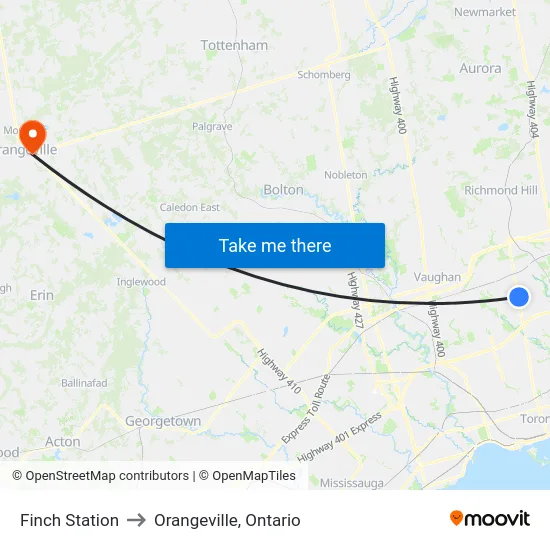 Finch Station to Orangeville, Ontario map