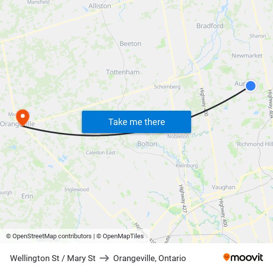 Wellington St / Mary St to Orangeville, Ontario map