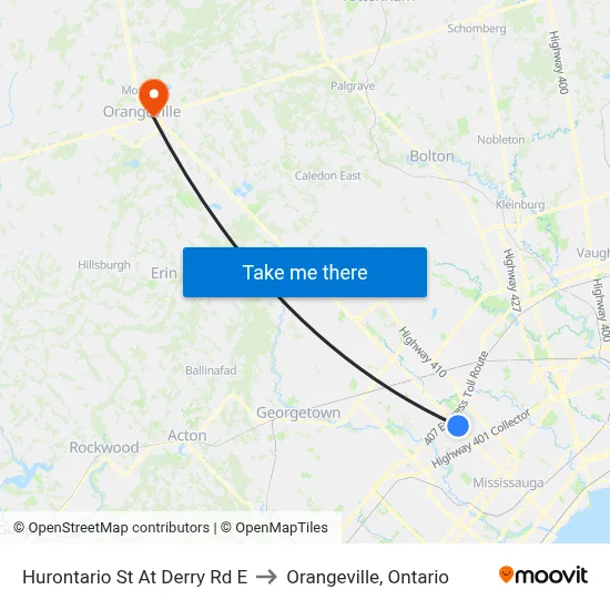 Hurontario St At Derry Rd E to Orangeville, Ontario map