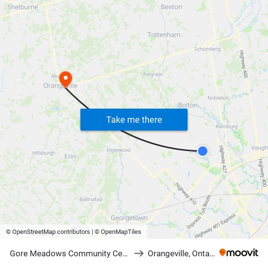 Gore Meadows Community Centre to Orangeville, Ontario map