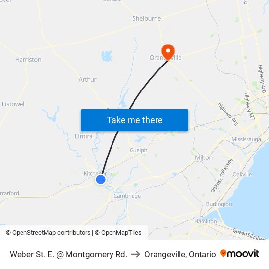 Weber St. E. @ Montgomery Rd. to Orangeville, Ontario map