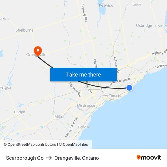 Scarborough Go to Orangeville, Ontario map