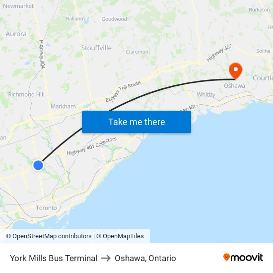 York Mills Bus Terminal to Oshawa, Ontario map