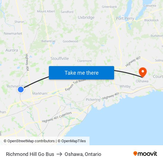 Richmond Hill Go Bus to Oshawa, Ontario map
