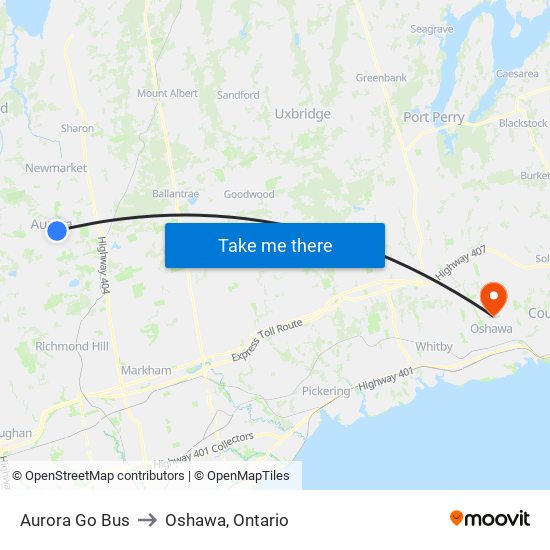 Aurora Go Bus to Oshawa, Ontario map