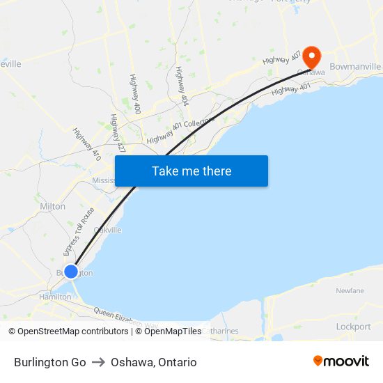 Burlington Go to Oshawa, Ontario map