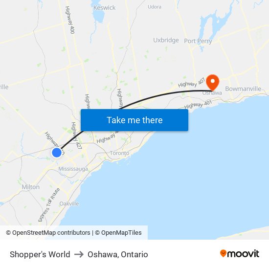 Shopper's World to Oshawa, Ontario map