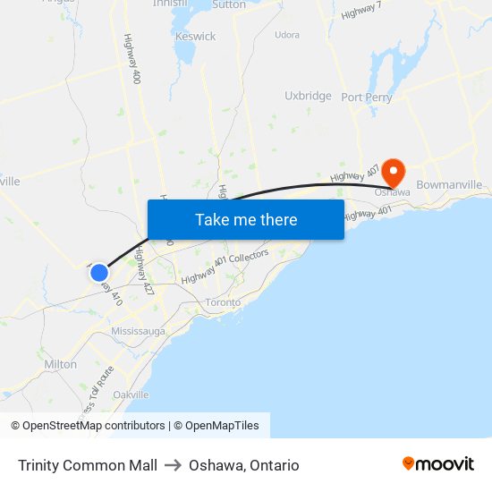 Trinity Common Mall to Oshawa, Ontario map