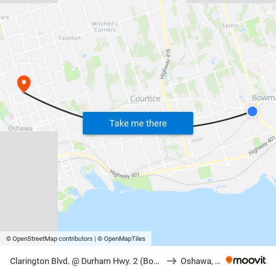 Clarington Blvd. @ Durham Hwy. 2 (Bowmanville) Park & Ride to Oshawa, Ontario map