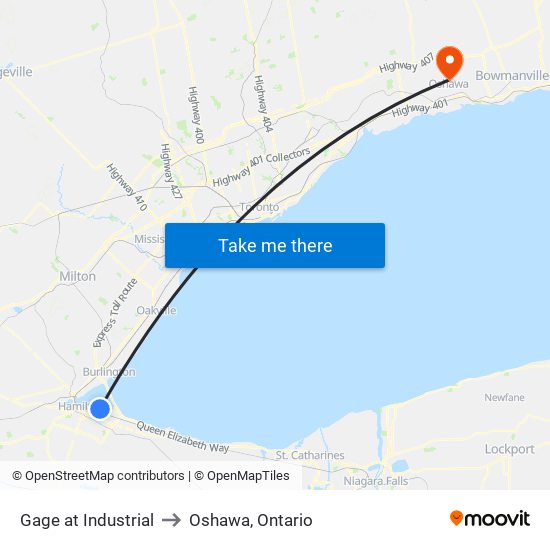 Gage at Industrial to Oshawa, Ontario map