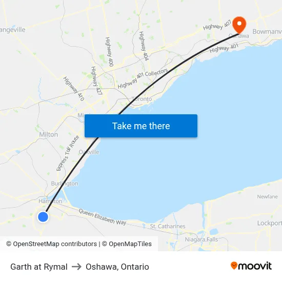 Garth at Rymal to Oshawa, Ontario map