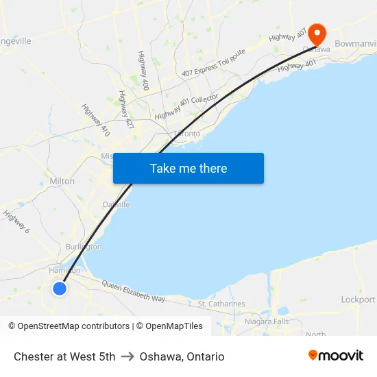 Chester at West 5th to Oshawa, Ontario map