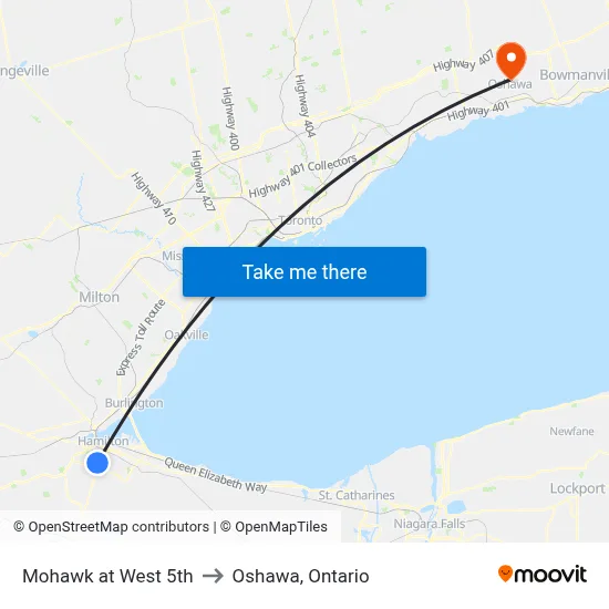 Mohawk at West 5th to Oshawa, Ontario map