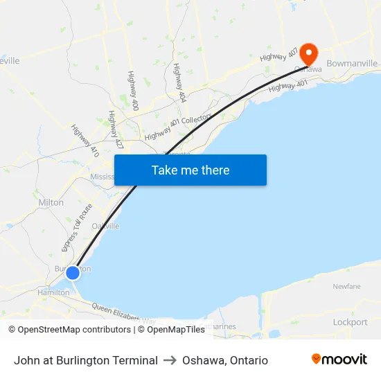 John at Burlington Terminal to Oshawa, Ontario map