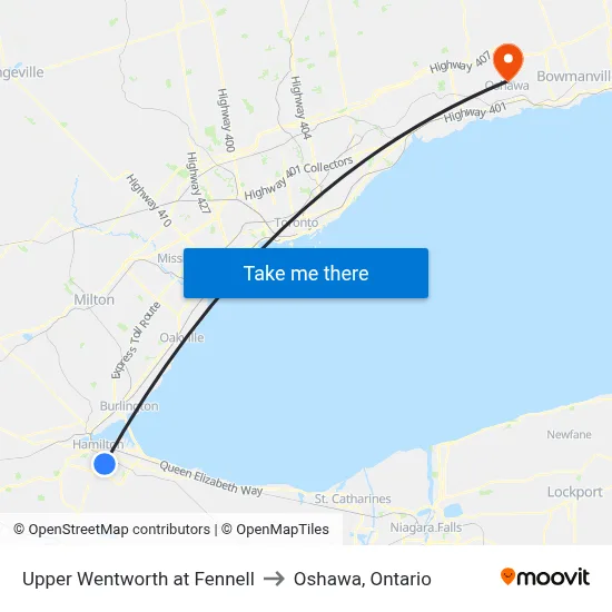 Upper Wentworth at Fennell to Oshawa, Ontario map