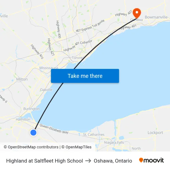 Highland at Saltfleet High School to Oshawa, Ontario map